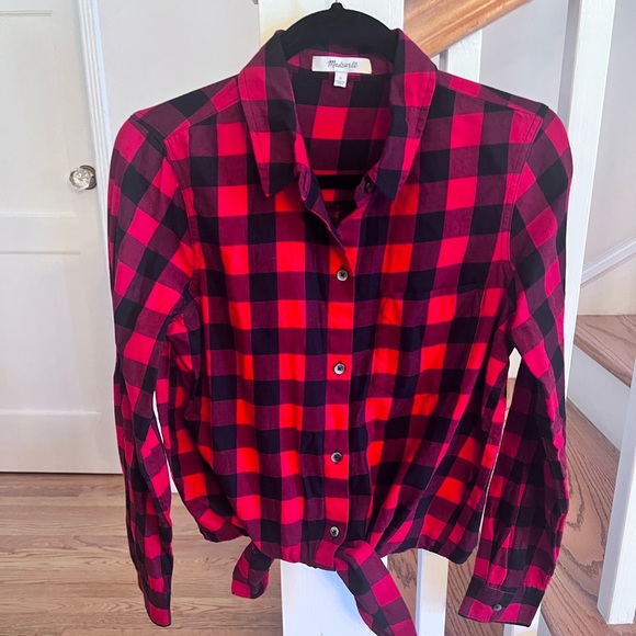 Madewell Tie Front Shirt Sasha Red/Black Buffalo Check Women’s Size Small - Picture 3 of 6
